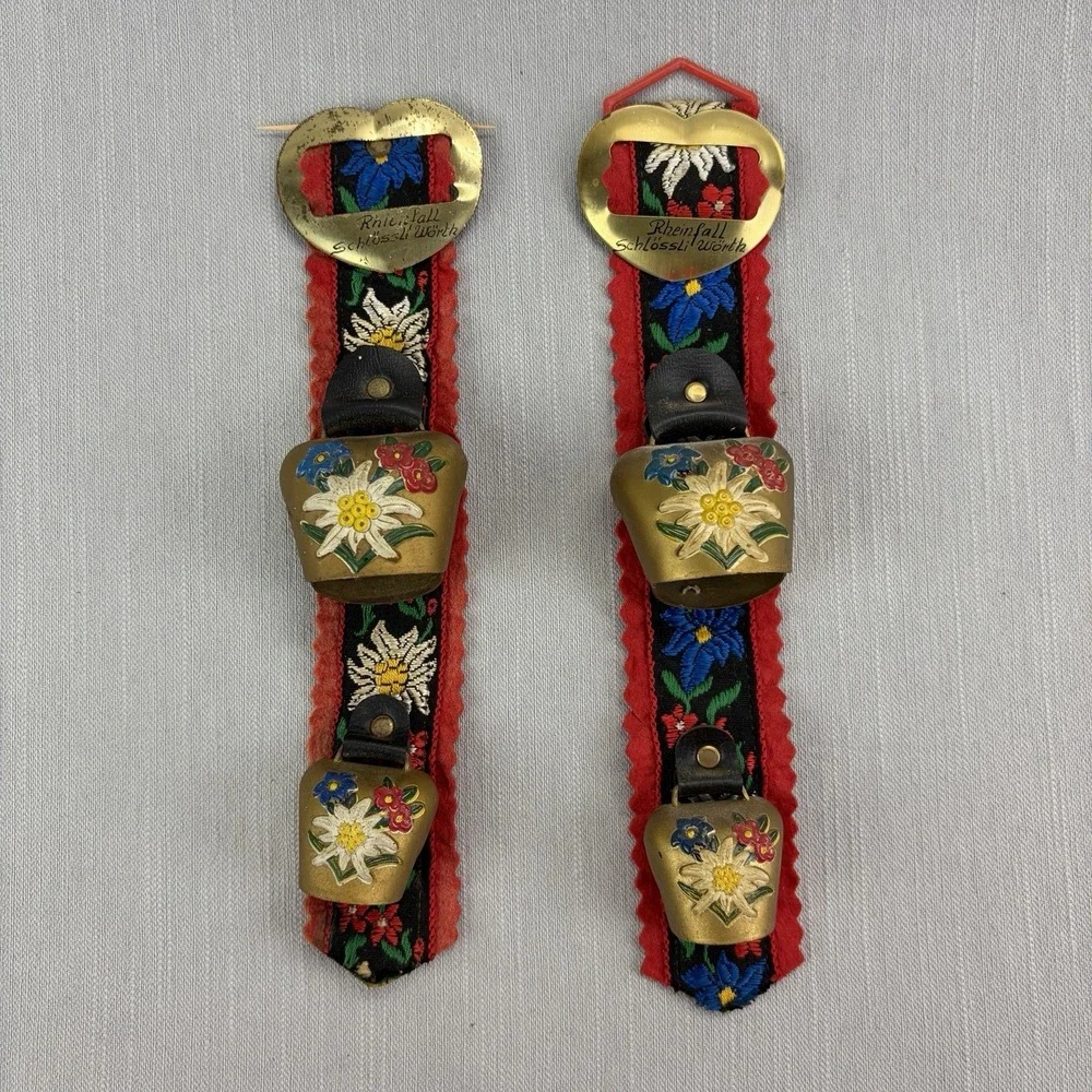 Vintage Swiss Rheinfall Schossli Worth Cow Bells Embroidered Strap Souvenir Pair